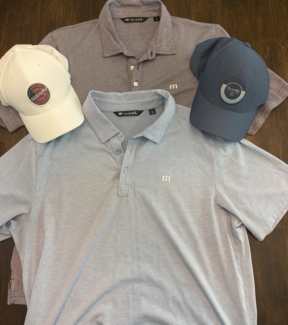 X5- Travis Mathew Polo Shirts 2-Pack | Size L- XL Performance Stripe + 2 Hats
